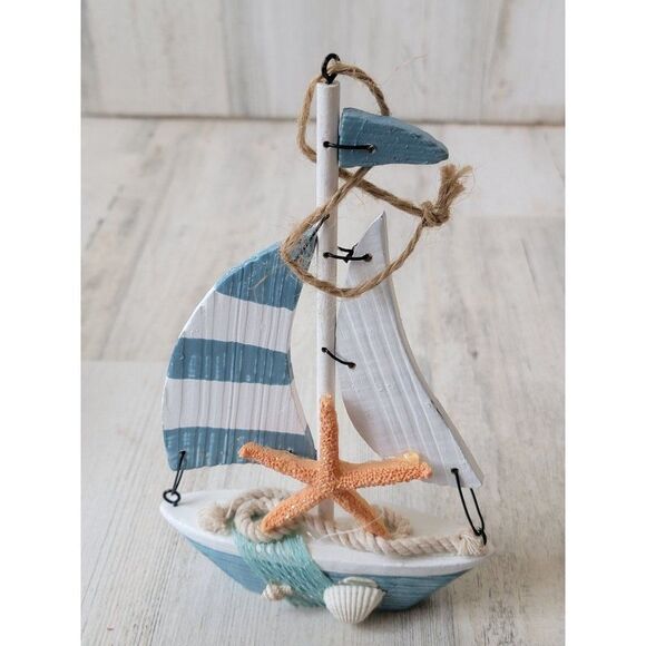 Wooden sail boat blue starfish glitter shell large ornament xmas - Picture 1 of 6